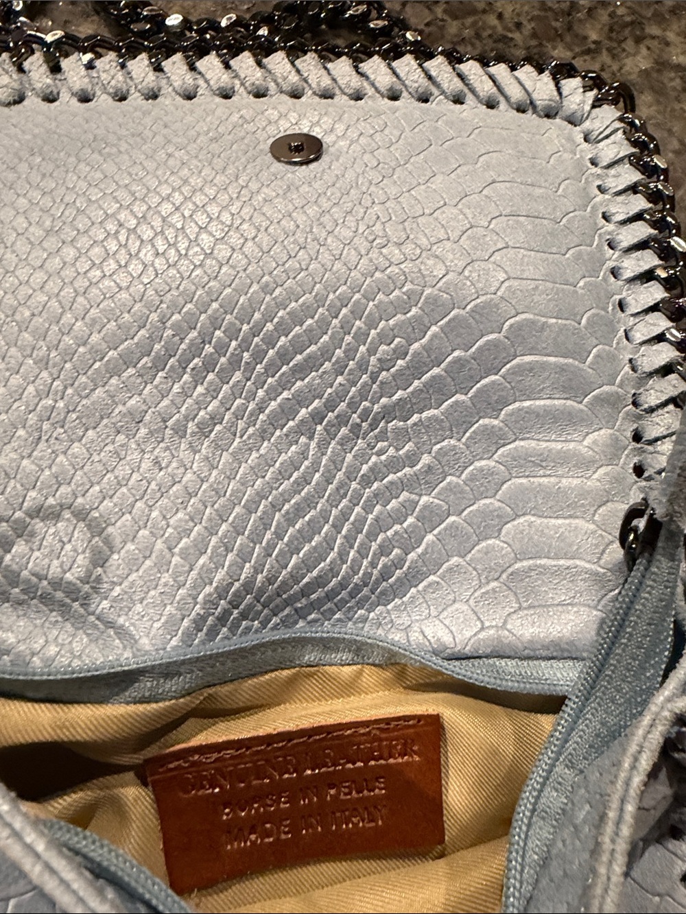 Light Blue Snake-Embossed Crossbody Bag with Gunmetal Chain - Picture 2 of 2